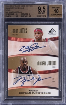 2004-05 SP Game Used Edition "Extra SIGnificance Duals - Gold" #JJ LeBron James/Michael Jordan Dual Signed Card (#5/5) – BGS GEM MINT 9.5/BGS 10